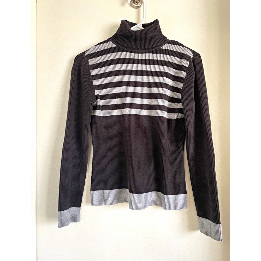 Women's M Black Gray Striped Ribbed Knit Turtleneck Long Sleeve Pullover Sweater